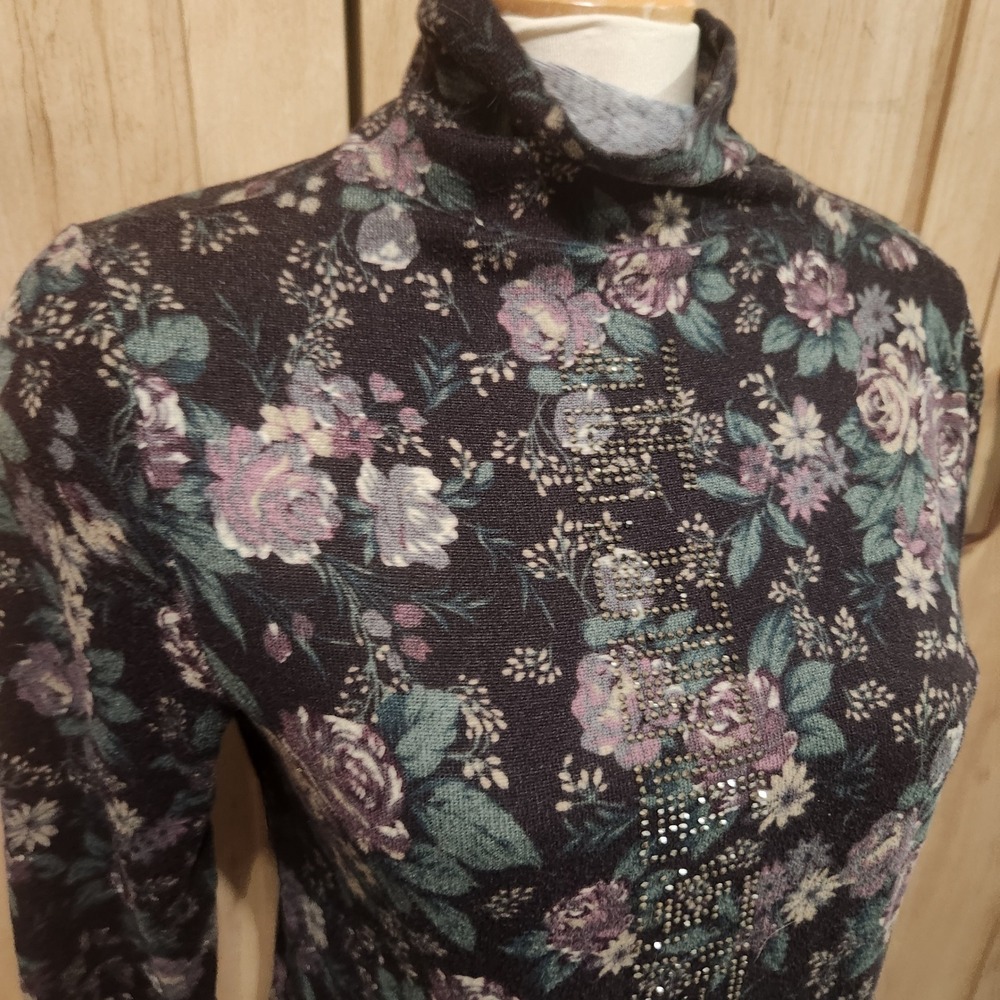 Floral Rhinestone Embellished Turtleneck Long Sleeve Shirt Avante garde moody - Picture 2 of 5